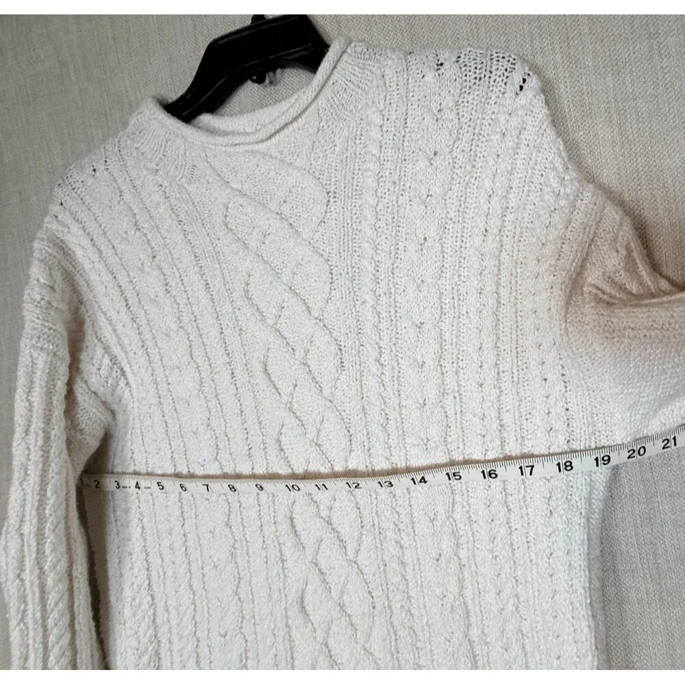 J. Crew Roll Neck Cable Knit Sweater Women M White Cotton Blend Preppy Fisherman